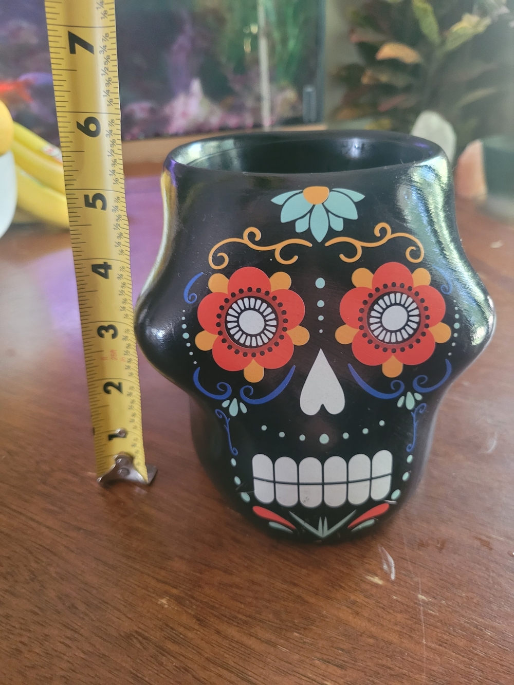 Black Day of the Dead Sugar Skull Ceramic Vase with Floral Accents